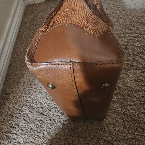 Patricia Nash Brown and Tan Stitched Ouine and Squares with Circles in them - Picture 3 of 15